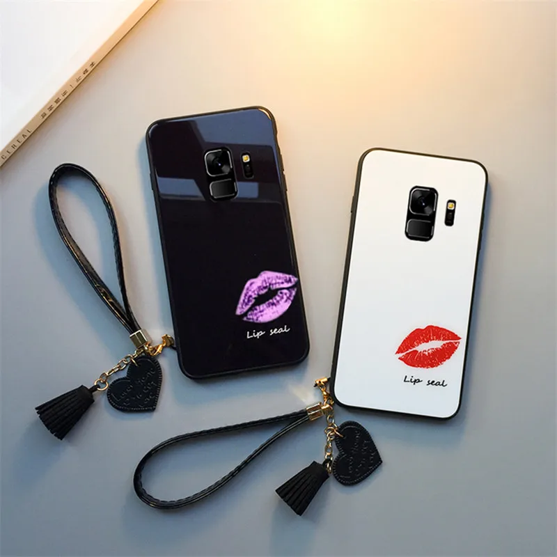 

BONVAN Red Lips Glass Case For Samsung Galaxy J4 J6 J8 Plus 2018 Hard Cover For Samsung J5 J7 Prime Lanyard Couqe Capa