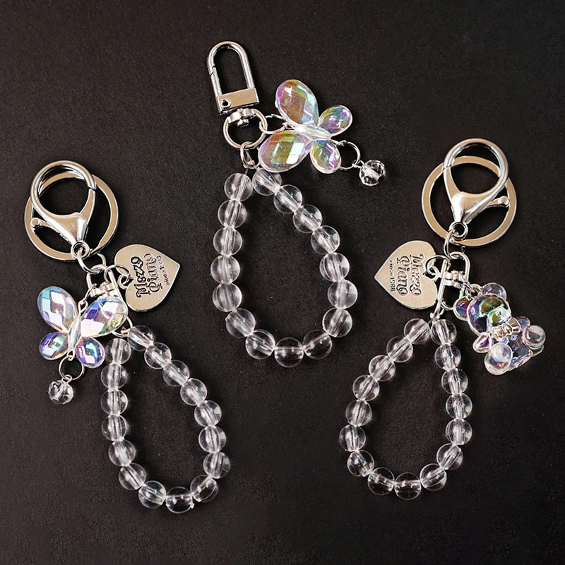 

New Butterfly Beaded Keychain Transparent Flower Keyring Mobile Phone Chains Lanyards For Car Keys Bag Pendant Decor Women Gift