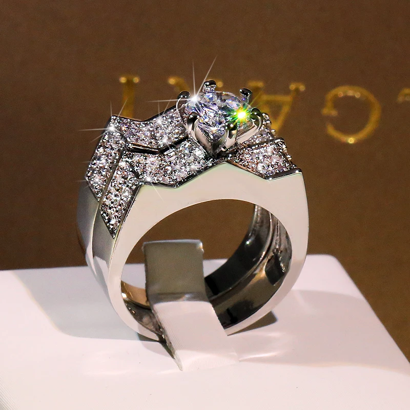 

NEW 2Pcs Set Luxury Crystal Zircon Wedding Rings For Women Charm Silver Plate Color Shiny Engagement Jewelry Accessories Gifts