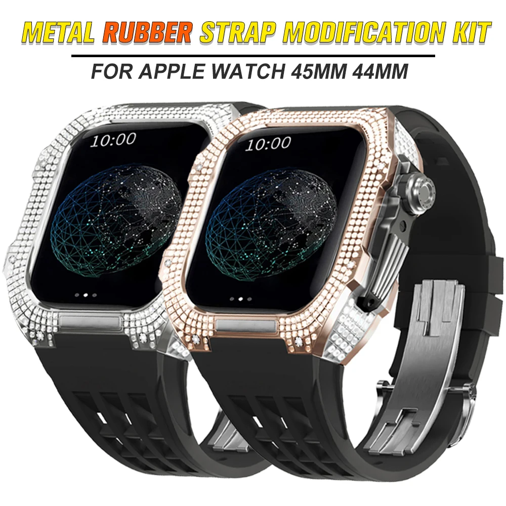 

Luxury Modification Kit For Apple Watch 6 5 SE 44mm Titanium Full Diamond Case 45mm For iWatch Series 9 8 7 Fluorine Rubber Band
