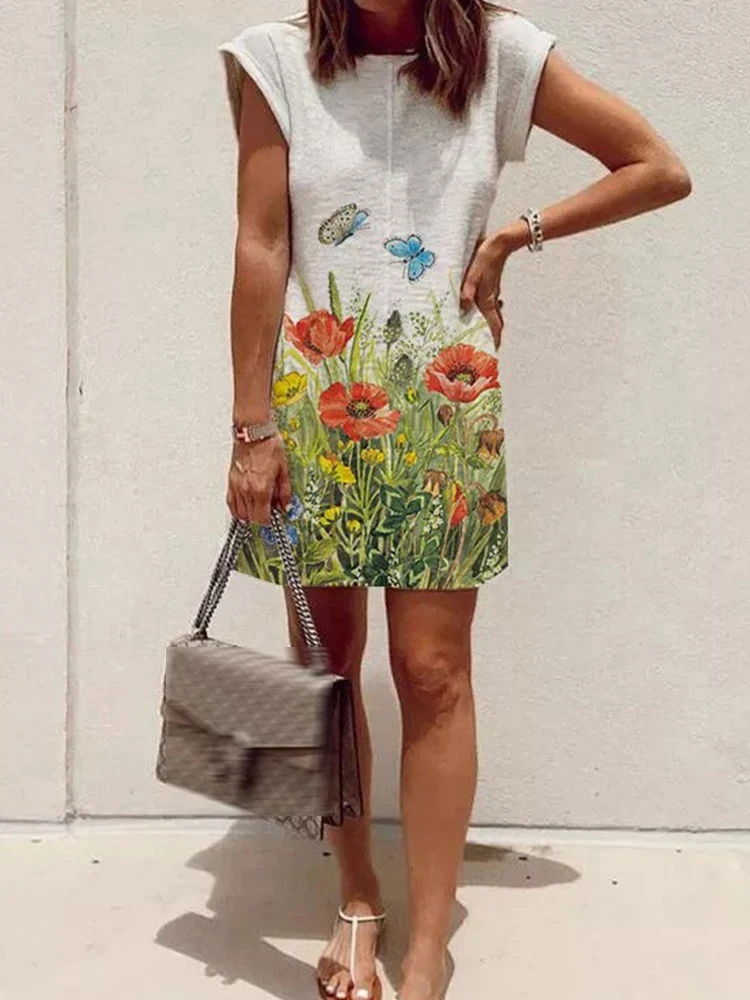 

Summer Casual O-Neck Straight Dress Elegant Flower Print Loose Mini Dress Women Short Sleeve Harajuku Pullover Boho Party Dress