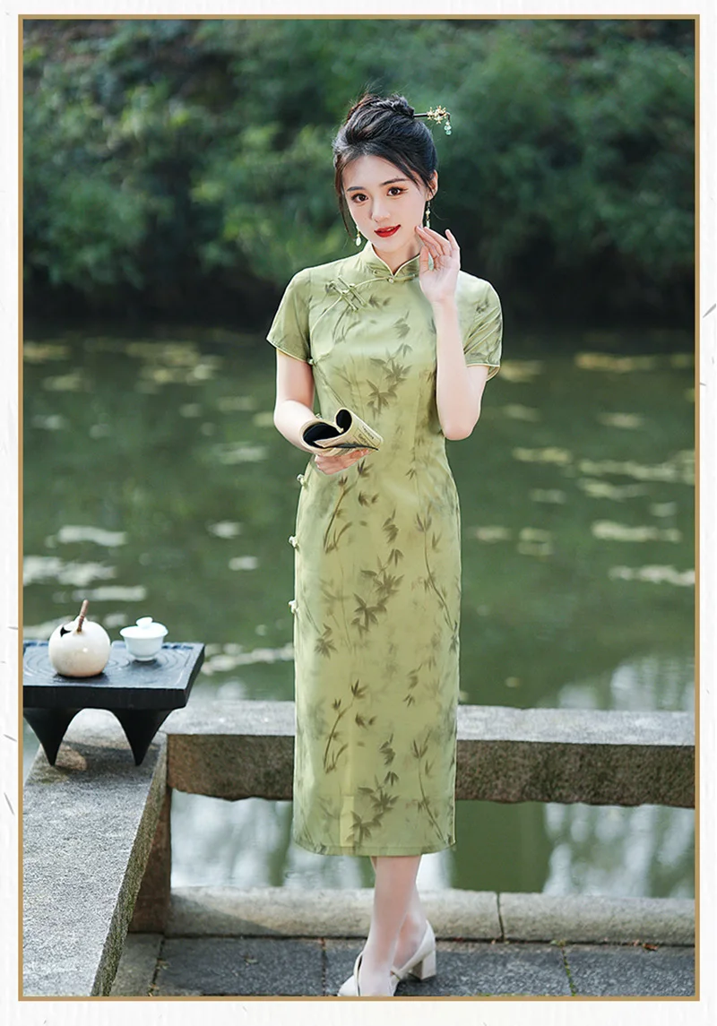 Женское винтажное платье-Ципао средней длины зеленое платье в китайском стиле с