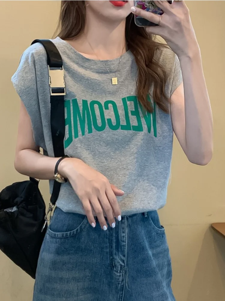 Серая футболка без рукавов из чистого хлопка Fat Sister женская летняя 2024 новый