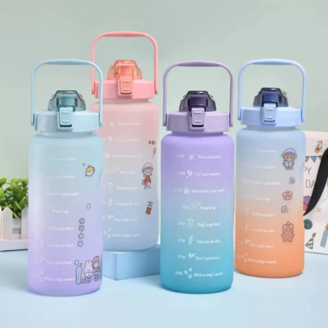 

2L Large Capacity Water Bottle Straw Cup High Temperature Plastic Water Cup Time Scale Frosted Outdoor Sports Student Couple Cup