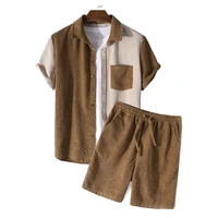 spring and summer 2022 mens shorts sets casual loose waffle splicing corduroy short sleeve suit mens two piece suit