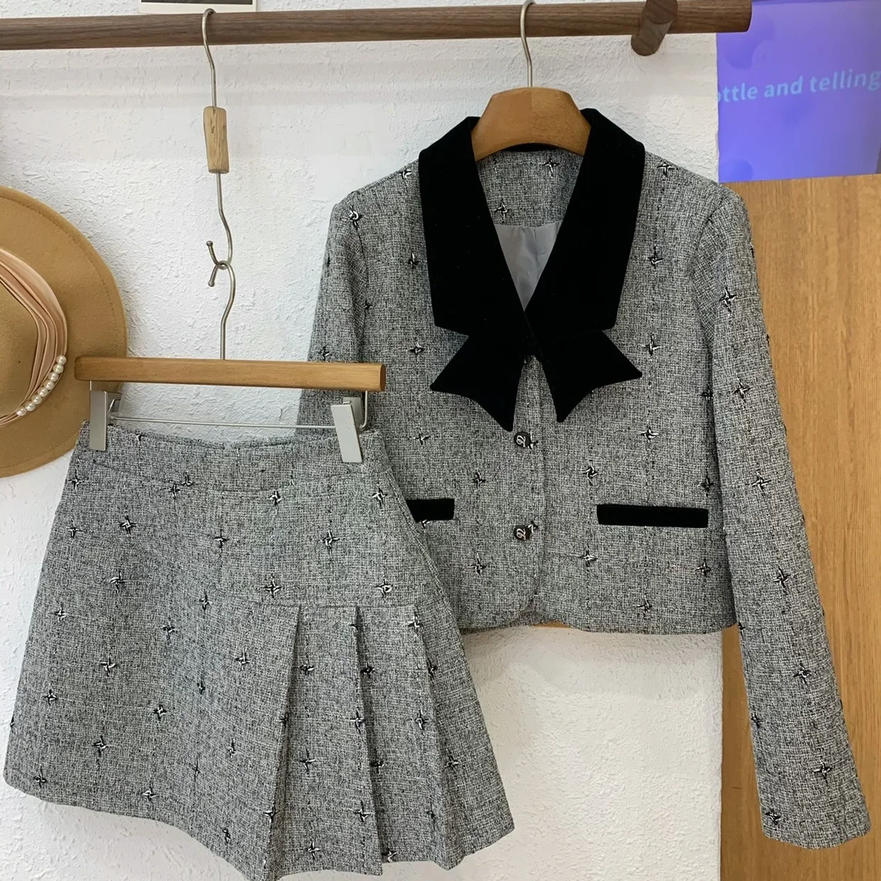 Куртка с бантом + плиссированная юбка комплект из двух предметов женская осенняя