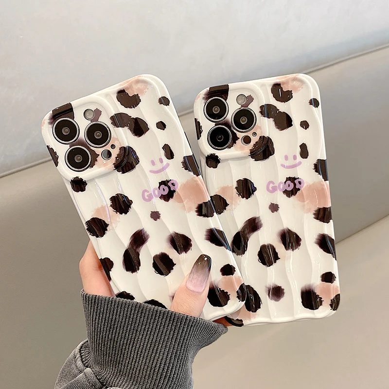 

Cute Cow Print Phone Case For iPhone 14 Pro Max 13 11 12 14 Plus Wave IMD Shockproof Cover Protection Fundas