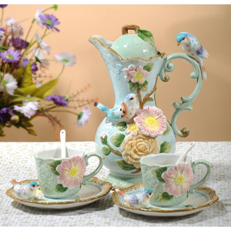 

Ceramic Flowers And Birds 1 Pot 2 Cups Tea Set British Home Black Coffee Utensils To Give A Friend