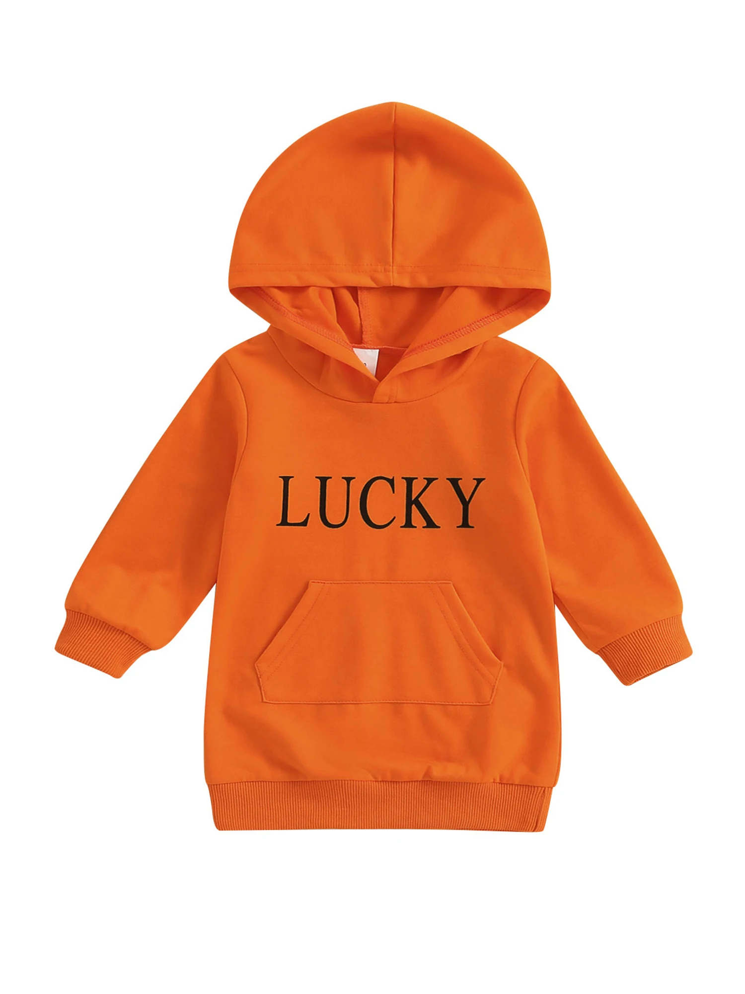 

Длинное платье-свитшот с капюшоном и надписью на удачу