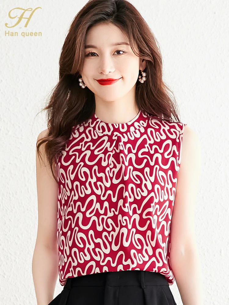 

H Han Queen Summer Simple Office Lady Chiffon Blouse Korean Sleeveless Printing Shirt Casual Tops Korean OL Loose Blouses Women