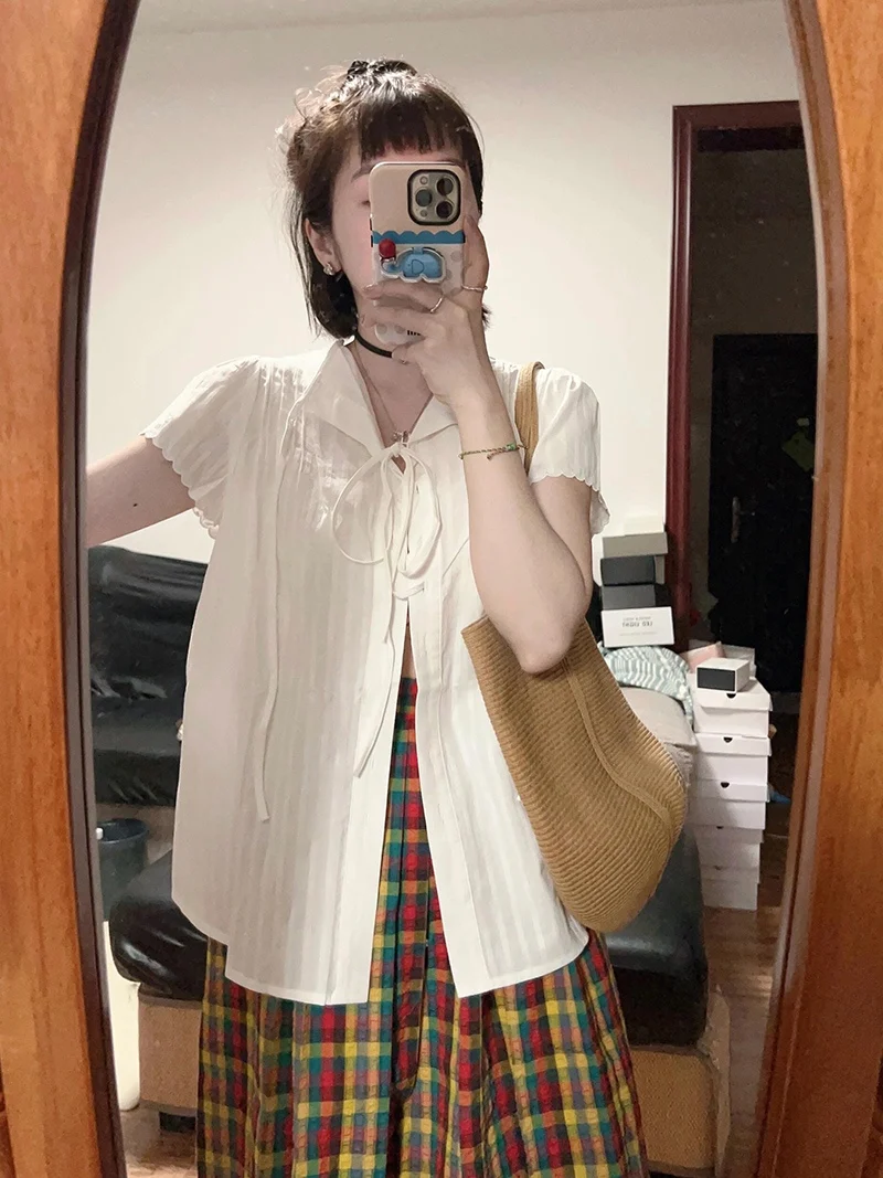 Lace-up Short sleeve Shirts Women Summer Popular Design Temperament French sle Organ Pleated Outdoor Wide T-shirt Top