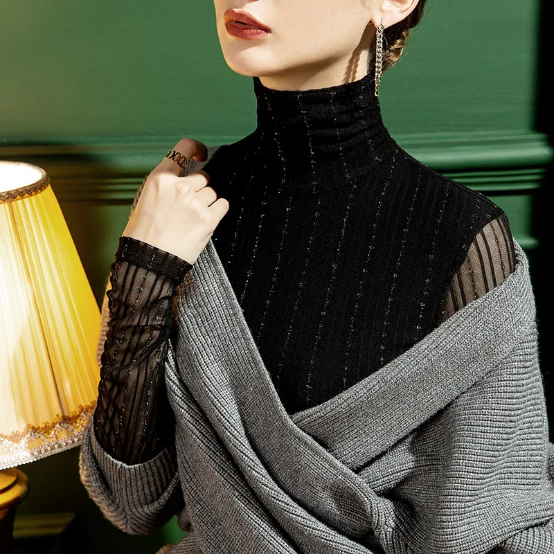 

Sexy Skinny Bottoming Shirts Women Pullover European Winter Thin Half Turtleneck Top Women's Elegant Slim Blouses Bright Silk