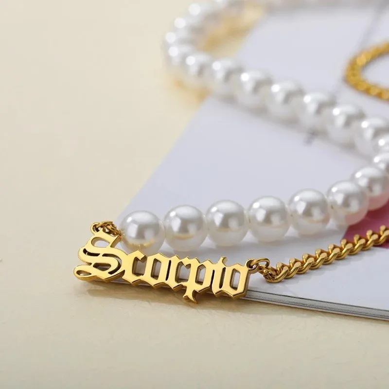 Luxury 6mm Imitation Pearl Pendant Custom Letter Name Necklace Stainless Steel Clavicle Chain Gifts Jewelry