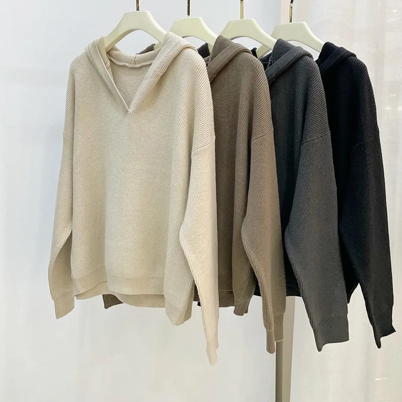 Autumn Winter Clothes 2022 New in Korean Fashion Loose Wool Blend Casual Knitwears Pullover Knit Hooded Sweater Tops Women