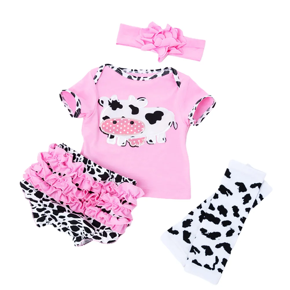 

4 Pcs Cow Clothes Newborn Girl Outfits Baby Dolls Reborn Matching Clothing Babydoll Accessories Combed Cotton