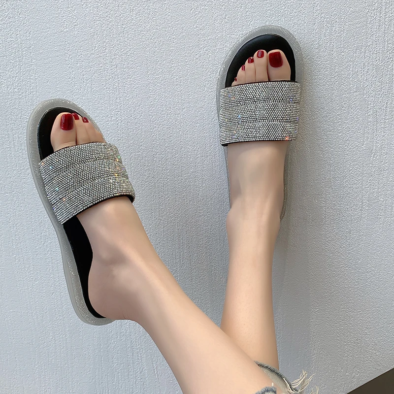 

BCEBYL Summer Round Rhinestone Decoration Fashion Sandals New Non-slip Wear-resistant Casual Flat Slippers Shoes for Women
