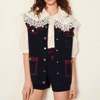turn down collar colour blocking red woven vest waistcoat shorts suit 2022 summer french two piece suit loose casual women