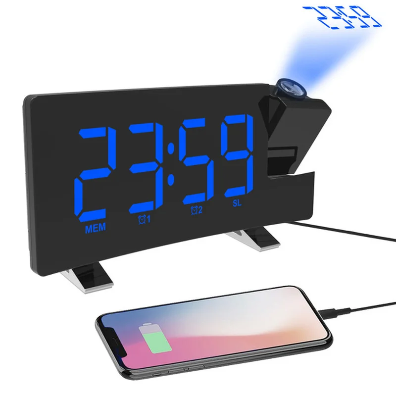 

FM Radio Smart Alarm Clock with Projection LED Digital Clock Watch Table Electronic Desk Clock Wake Up Time Snooze 2Alarm Clock