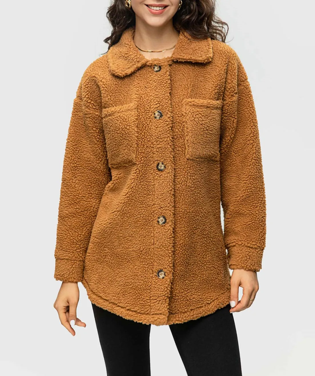 

FASHIONSPARK Women's Teddy Bear Fleece Lapel Jacket Flannel Fuzzy Sherpa Jacket Long Sleeve Casual Winter Coat Button Down Shirt