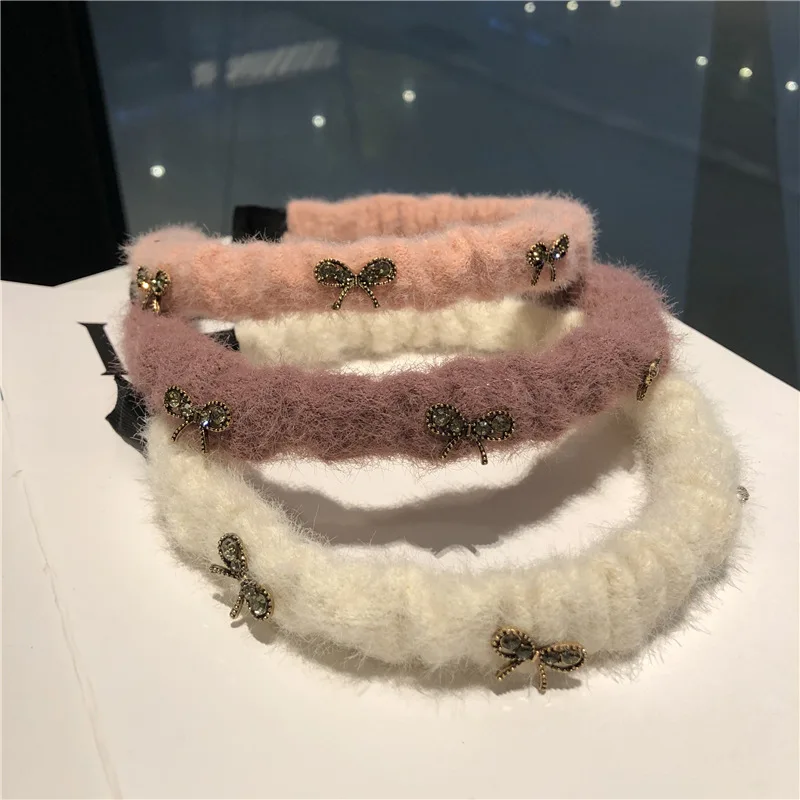 

Vintage Fragrant Wide brim Rhinestone Bow Tie Hair Band for Women's Wool Head Band