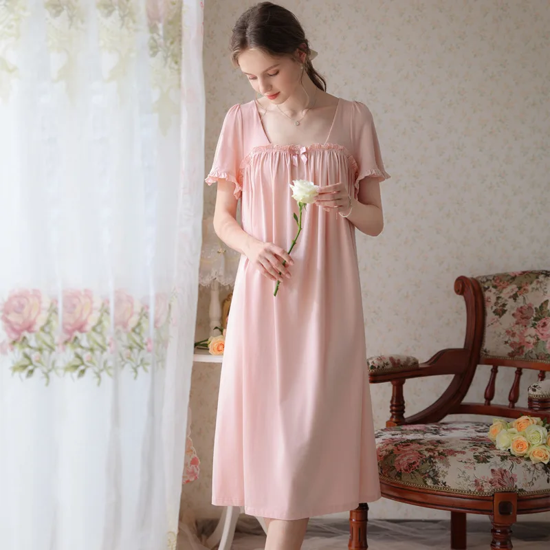 Roseheart Women Homewear White Pink Sexy Sleepwear Nightdress V Neck Bow Nightwear Long Luxury Female Court Gown Nightgown