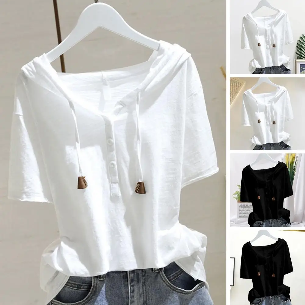 

Women Sweatshirt Breathable Women's Short Sleeve Hoodie Loose Fit Drawstring Hood Soft Casual Pullover Ideal Summer Top Buttons