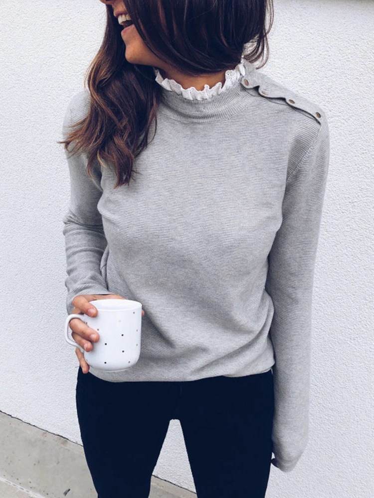 

Женская трикотажная блузка на пуговицах, однотонный пуловер с длинным рукавом и высоким кружевом, Топ-туника, осень 2022