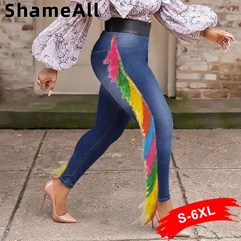 

Indie Aesthetic Rainbow Tassel Patchwork Stretchy Skinny Jeans 4XL Vintage Streetwear Club Distressed Bodycon Pencil Denim Pants