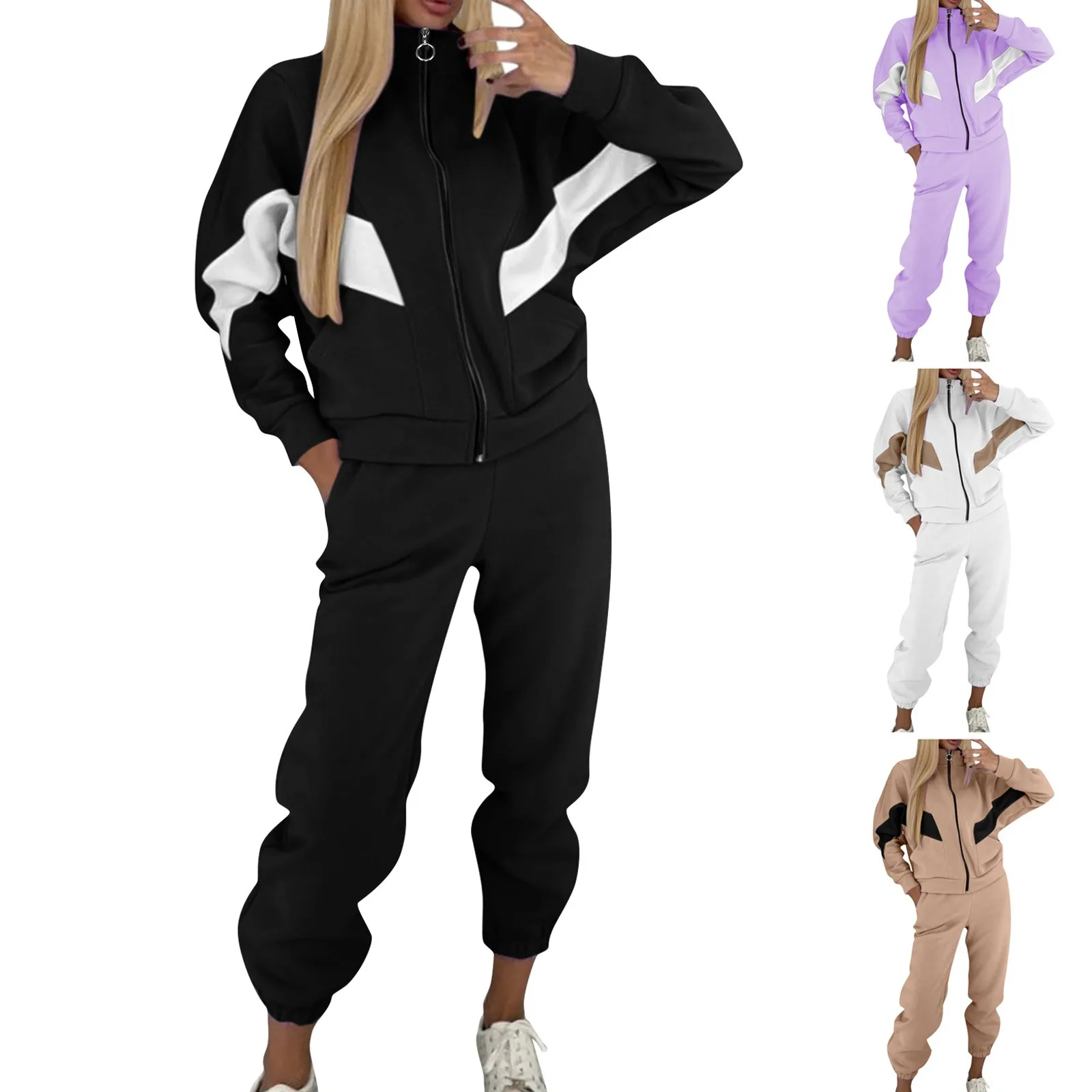 

Женский модный Повседневный цветной комбинированный пуловер, свитшот, комплект из двух предметов, женский спортивный костюм с карманами, женский спортивный костюм