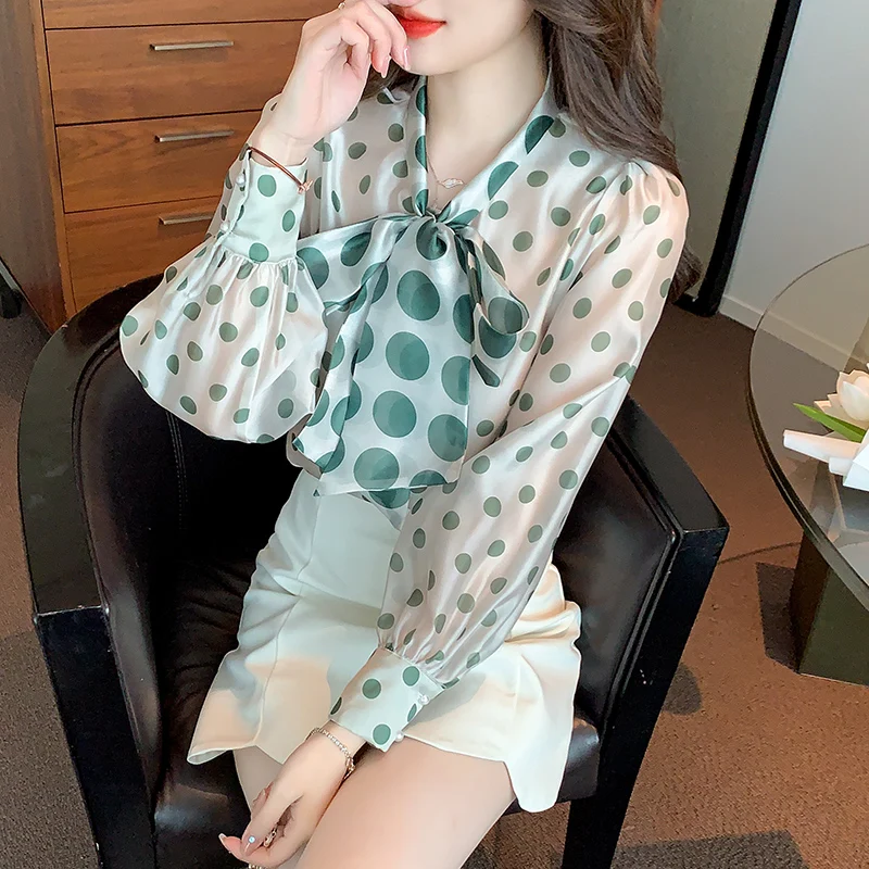 

Polka Dot Women's Blouses Summer 2022 Printing Long Sleeves Fashion Shirts Loose Korean Bow Top V-Neck New Casual Clothing