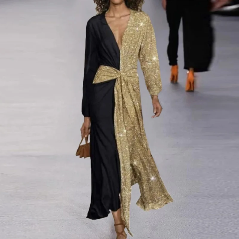 

2024 элегантное блестящее Плиссированное длинное платье в стиле пэчворк женские платья с блестками Новинка модное тонкое платье с длинным рукавом и V-образным вырезом