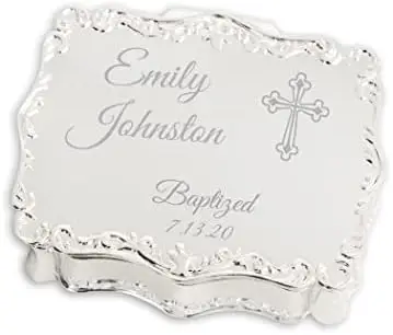 

Moments Personalized Small Rectangle-Shaped Jewelry Box with Custom Engraved Name and Cross for Baptism Gift, Silver Toned