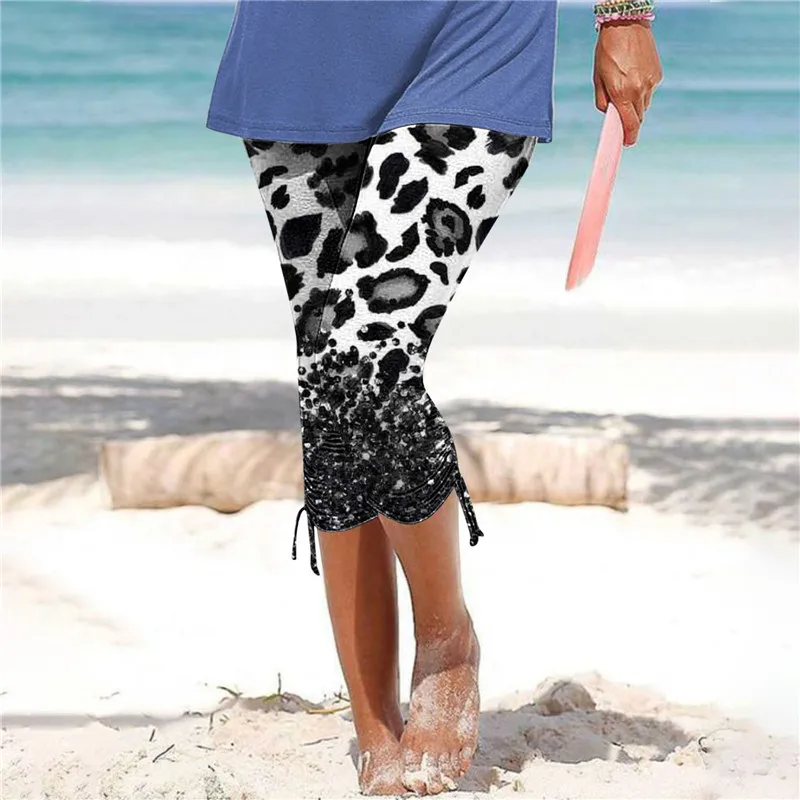 

Элегантные женские леггинсы до середины икры, летние пляжные повседневные облегающие леггинсы с леопардовым градиентным принтом, узкие брюки-карандаш с Кулиской