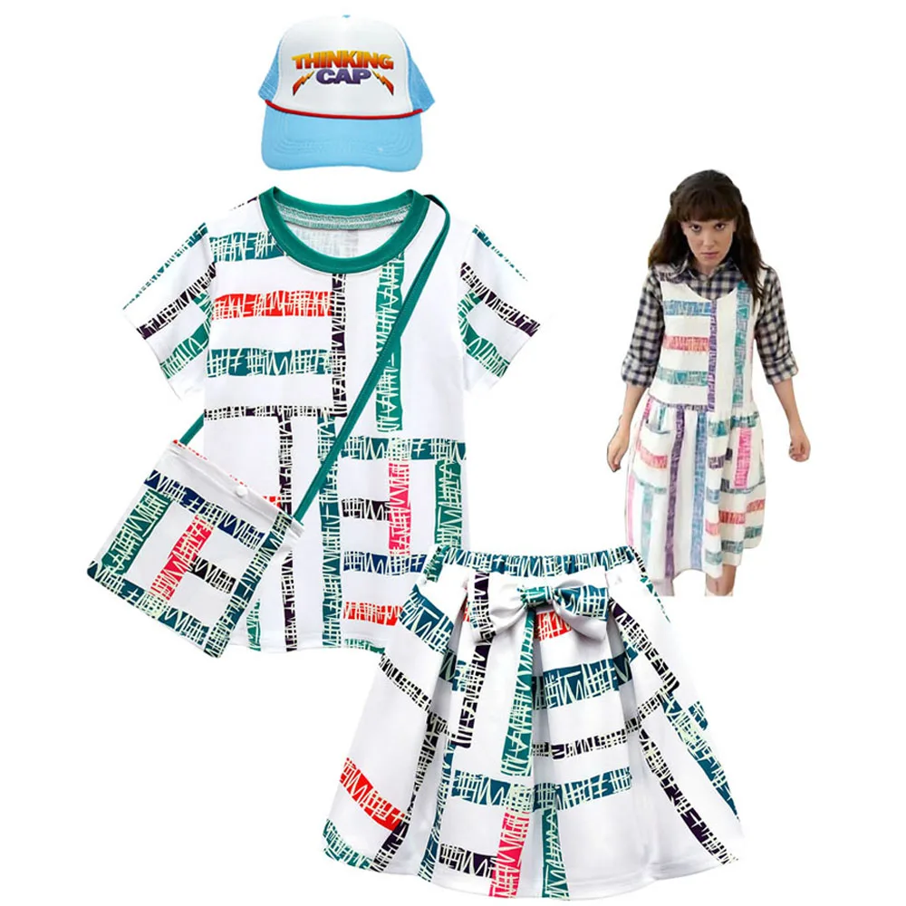 

Stranger Things Season 4 Eleven Dresses Cotton Women Dress for KidsHalloween Party Prop Short Sleeve T-Shirt+ Skirt Thinking Cap