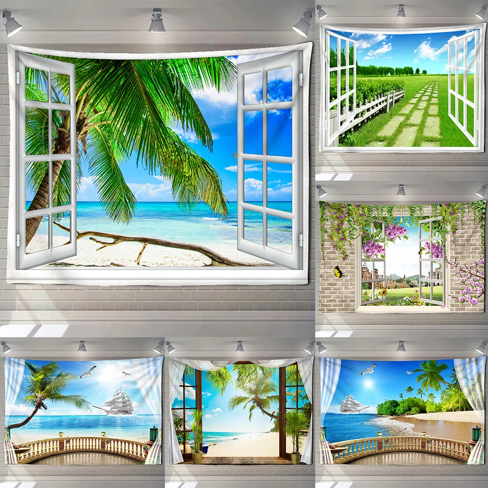 

Imitation Window Beach Forest Tapestry Wall Hanging Sunrise Sea Hanging Cloth Bohemian Landscape Psychedelic Mandala Home Decor