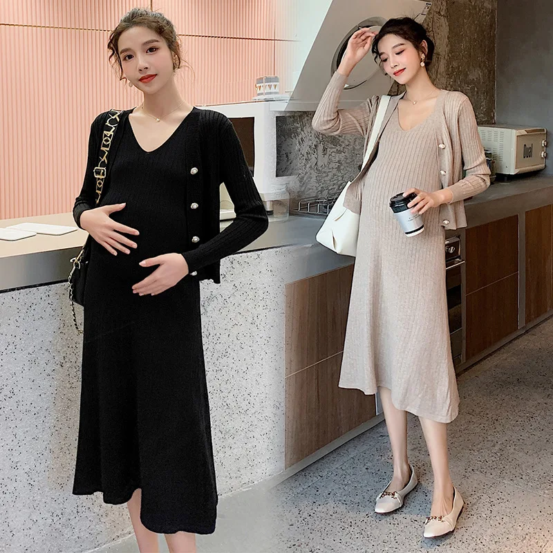

Winter Maternity Dresses V Collar Long Sleeve Pregnancy Clothes Sweater Knitting Loose Stripe Outwear Elegant Maternity Gown