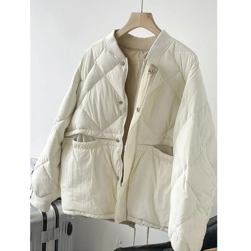 Women Winter Feather Uniform Coat Warmth Cropped Top Parka Loose Jacket Fashion Baseball Collar 2022 New