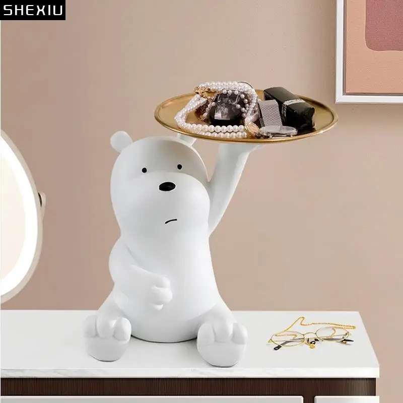 

Европейский Золотой лоток для хранения с милым белым медведем, поднос для хранения бижутерии с мультяшными животными, конфетами, скульптурные фигурки, украшение для дома