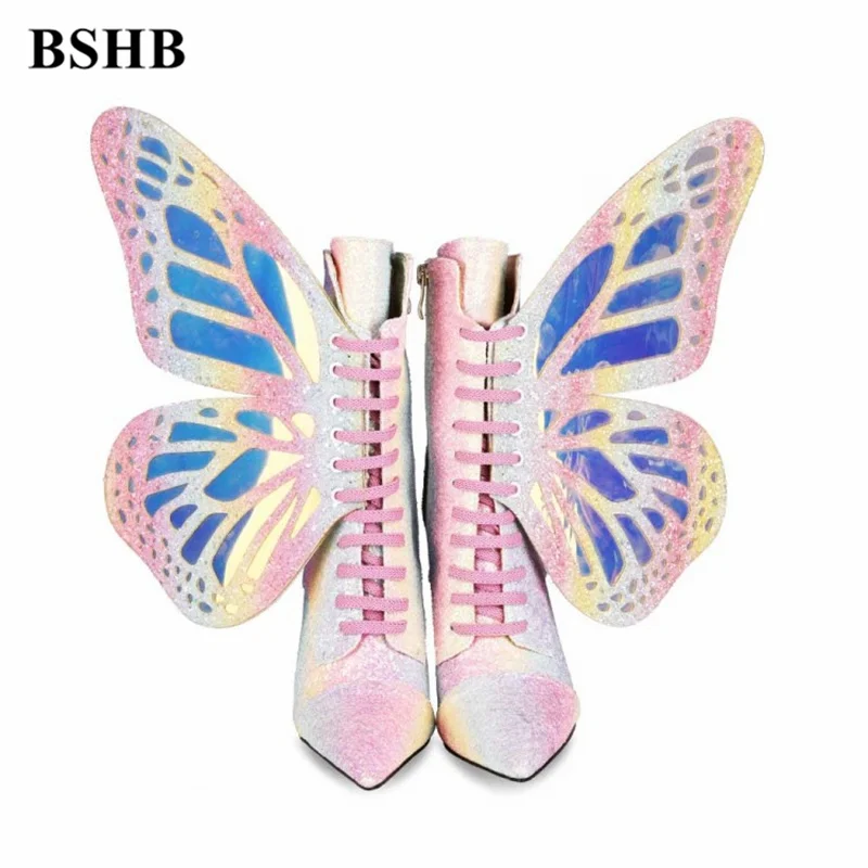 

Multi-Colored Boots For Woman Sweety Removeable Butterfly Wing Boots Stivali Donna Thin Heels Zip Up Shoes Women High Heels Lace