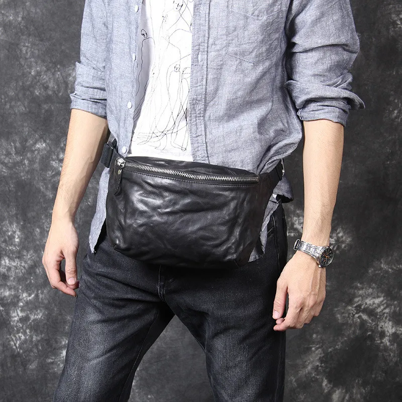 Casual simple natural cowhide men's chest bag designer luxury genuine leather black shoulder crossbody bag sport waist packs