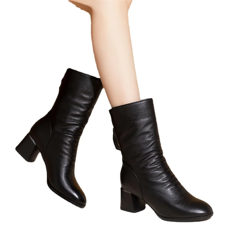 

Новинка Осень-зима 2023, женские ботинки средней высоты из мягкой кожи на толстом каблуке, тонкие и удобные женские ботинки в сеточку красного и черного цвета