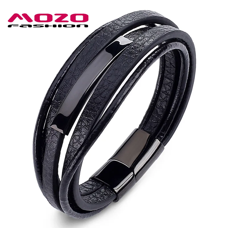

MOZO FASHION Men Charm Simple Classic Bracelets Multilayer Leather High Quality Stainless Steel Magnet Buckle Jewelry
