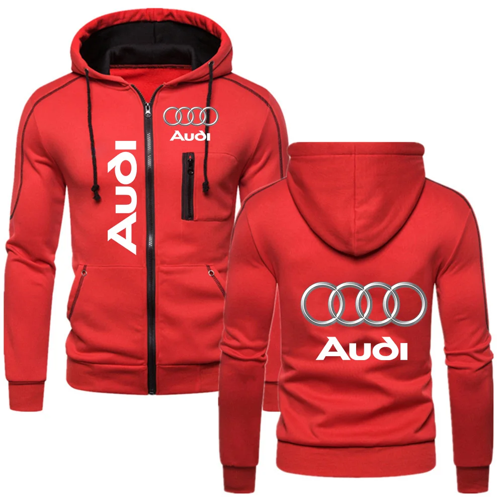 

Mens Audi Print Hoodie Jacket Autumn Winter Coat Thicken Warm Hooded Sweatshirt Motorcycle Jacket Men Clothing Red Zipper Hoodie