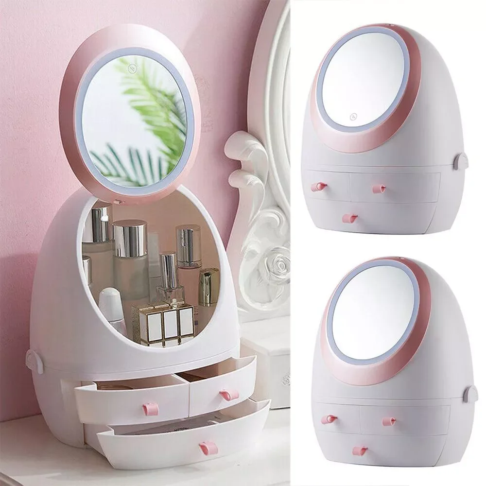 

Makeup Organizer Cosmetic Storage Box With LED light Jewelry Container Dust proof Drawer Waterproof Vanity mirror USB Charging