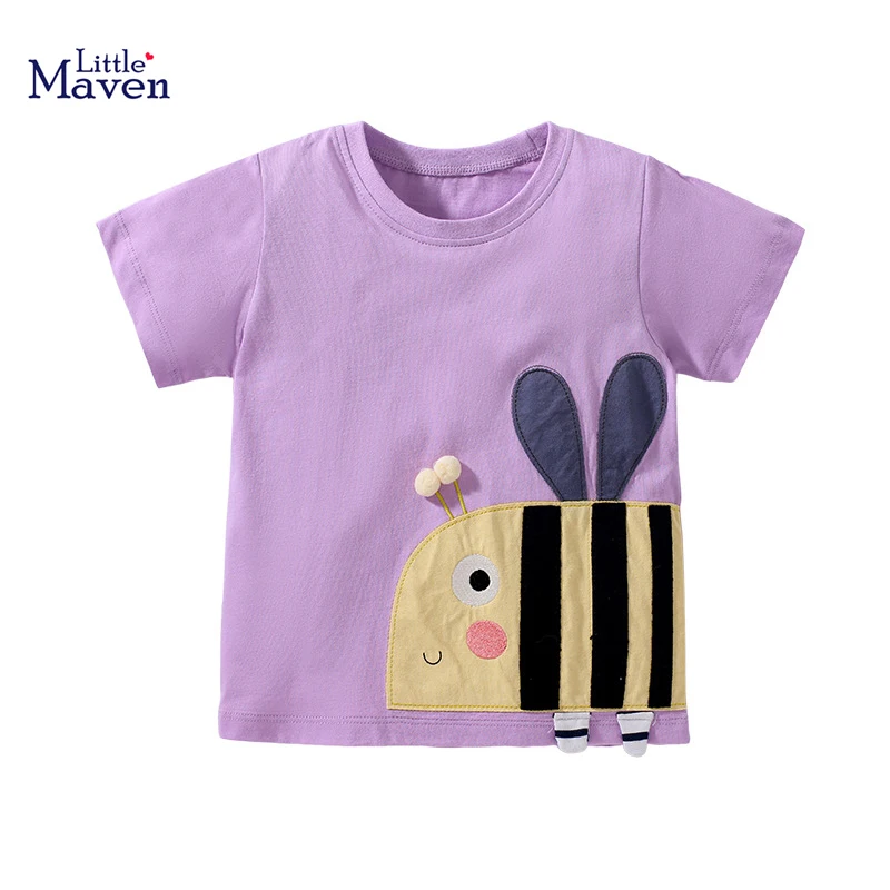 

Little maven 2023 Summer Girls T Shirts Animal Bee Appliques Toddler Girls Tops Tees Clothes Purple Girls Shirts Clothing