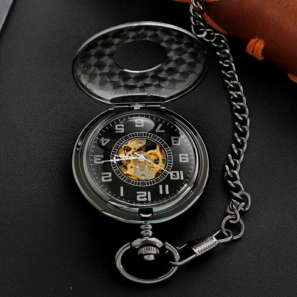 Black Digital Display Hollow Mechanical Pocket Watch Retro with Chain Steampunk Clock Men and Women Jewelry Necklace Gift