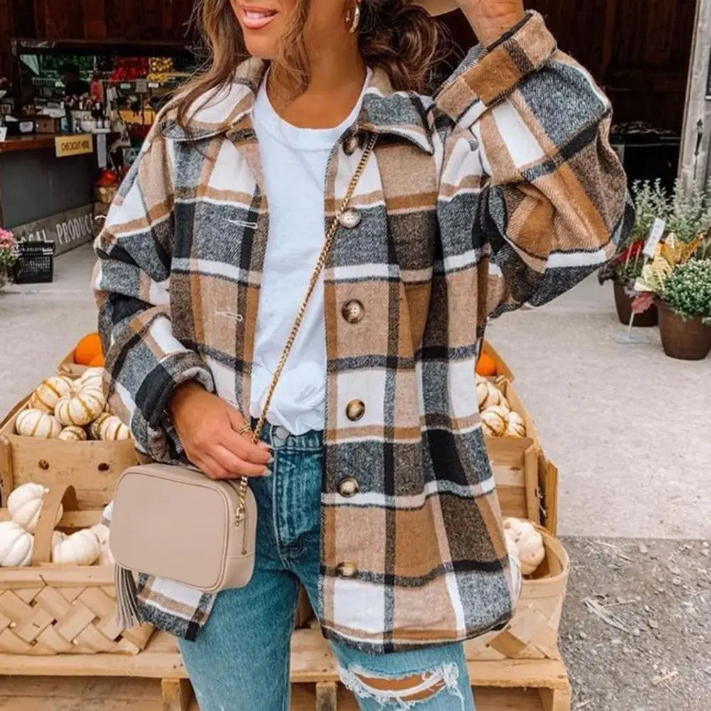 

Shirt Jacket Long Sleeve Coldproof Warm Women Elegant Office Ladies Plaid Shirt Coat Cardigan Shirt Daily Clothing