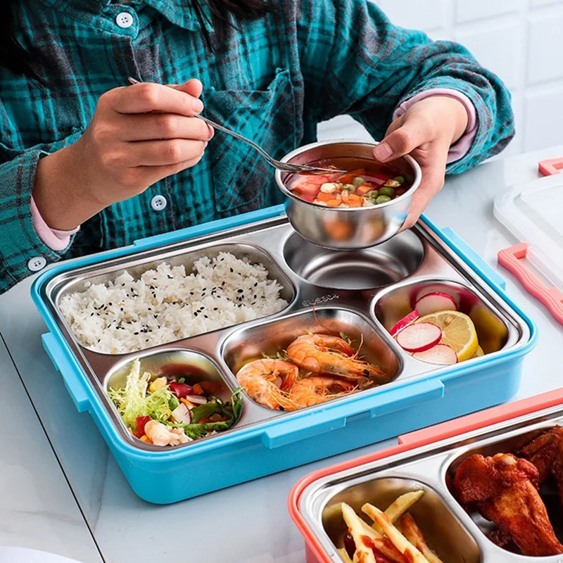 

5 Compartments Lunch Box Stainless Steel Leak-Proof Large Bento Boxes Soup Container School Dinnerware