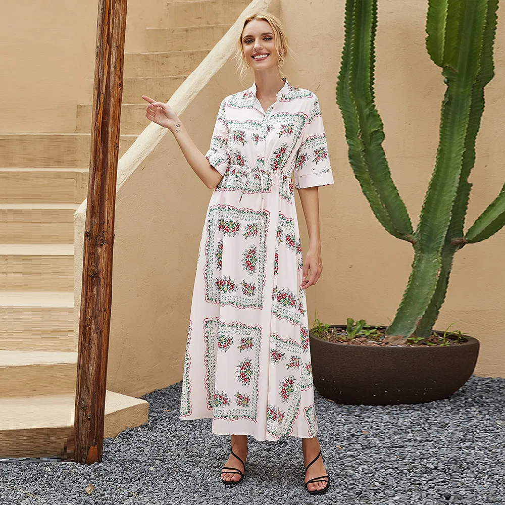 

Женское платье с воротником-поло, длинное приталенное платье со шнуровкой и средним рукавом, лето