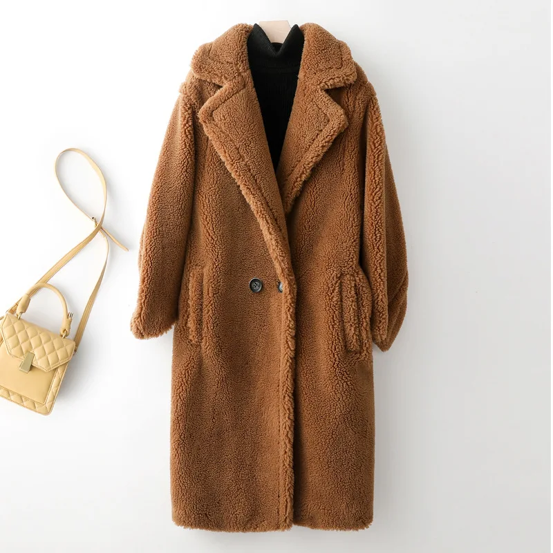 Winter New Cashmere Medium Length Lamb Faux Fur Coat for Women Solid Long Sleeve Faux Fur Coat Women Winter Jacket